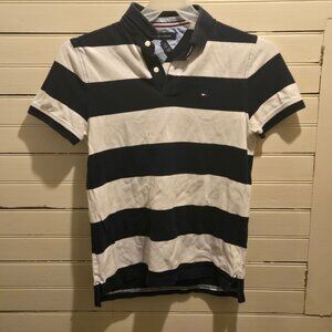 Tommy Hilfiger Polo Shirt Mens S Navy White Rugby Stripe Short Sleeve Flag